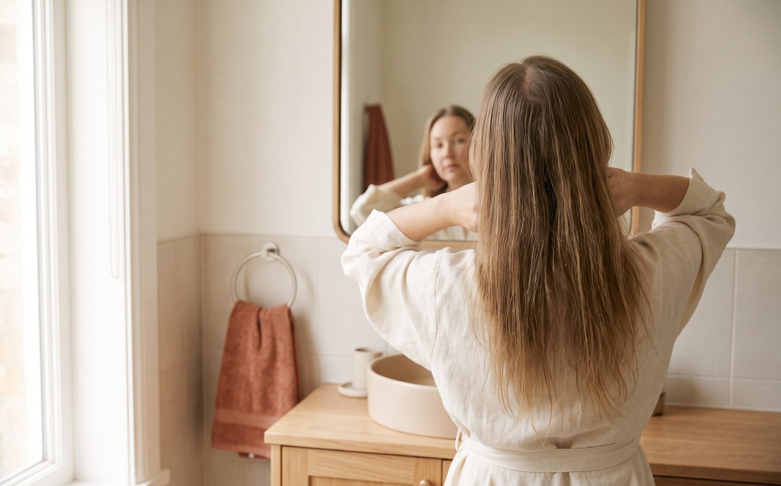 Woman checking her hair in a bathroom mirror